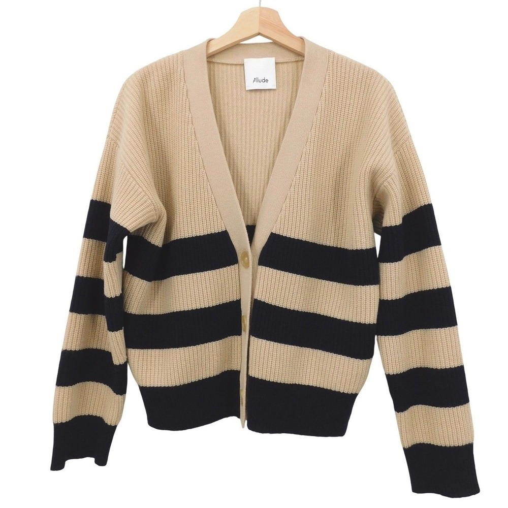Allude Striped Virgin Wool Cashmere Cardigan Sweater Beige Navy Blue V-Neck